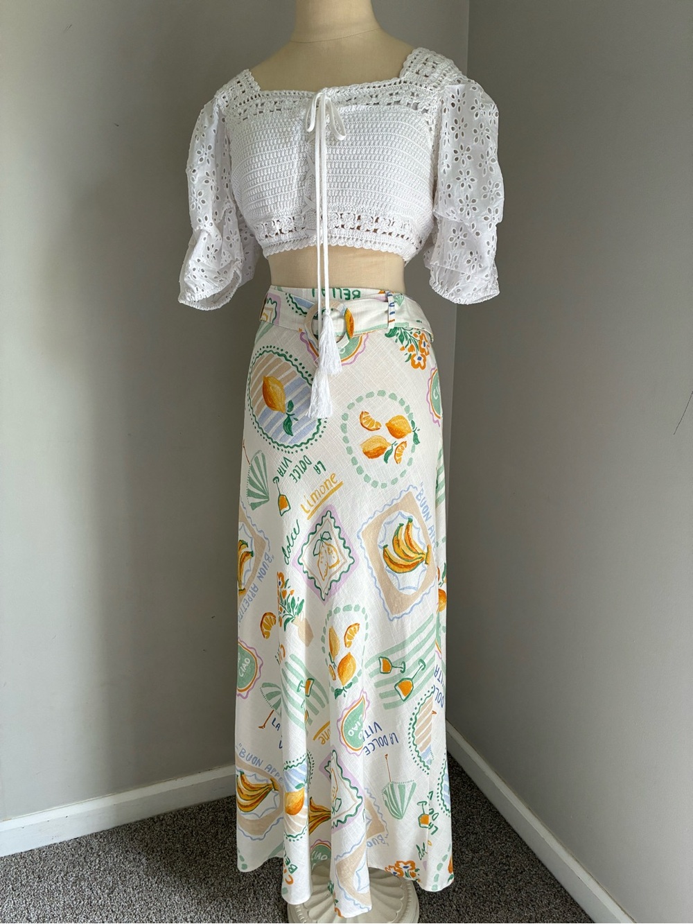 Paper Heart Euro Summer Lemon Print Linen Blend Maxi Skirt XL